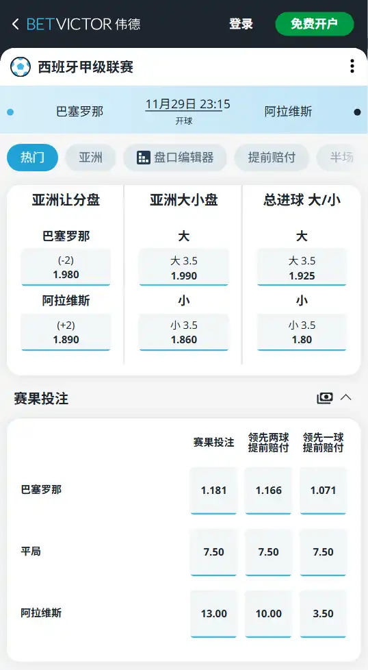 巴塞罗那vs阿拉维斯-西甲博彩赔率和盘口信息-伟德(betvictor)提供