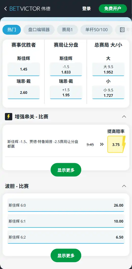 斯佳辉vs瑞恩·戴-斯洛克博彩赔率和盘口信息-伟德(betvictor)提供