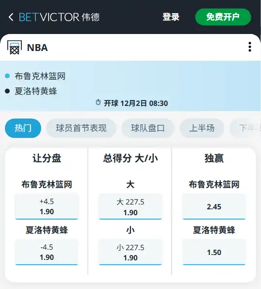 黄蜂vs篮网-NBA博彩赔率和盘口信息-伟德(betvictor)提供