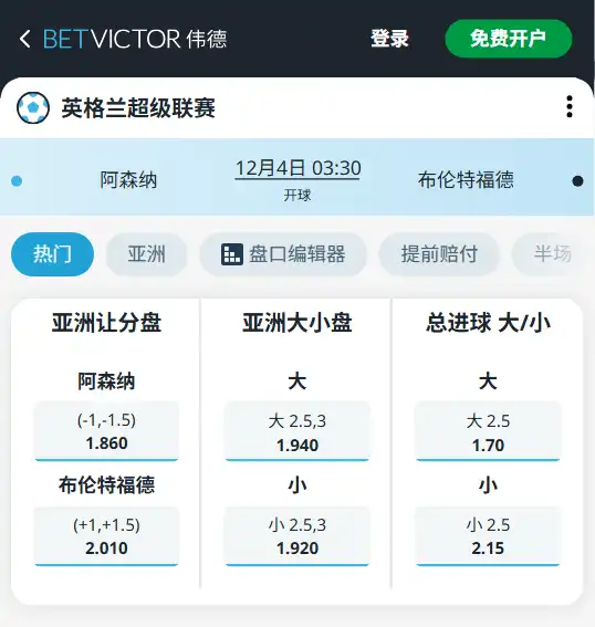 阿森纳vs布伦特福德-英超博彩赔率和盘口信息-伟德(betvictor)提供