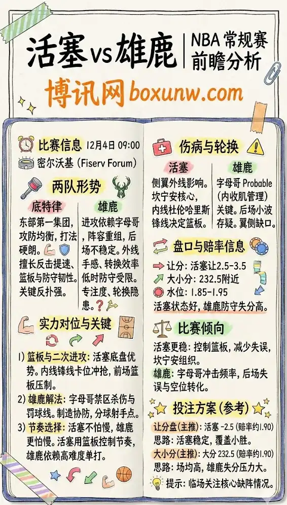 活塞vs雄鹿 | NBA常规赛 | 前瞻分析+赔率盘面+投注技巧