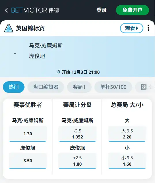 威廉姆斯vs庞俊旭-斯洛克英锦赛博彩赔率和盘口信息-伟德(betvictor)提供