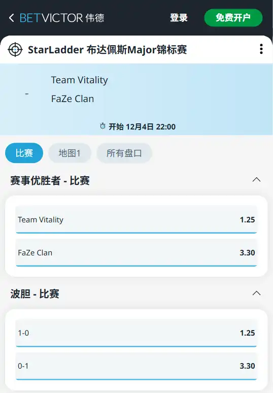 Vitality vs FaZe | StarLadder 布达佩斯 Major 2025-博彩赔率和盘口信息-伟德(betvictor)提供