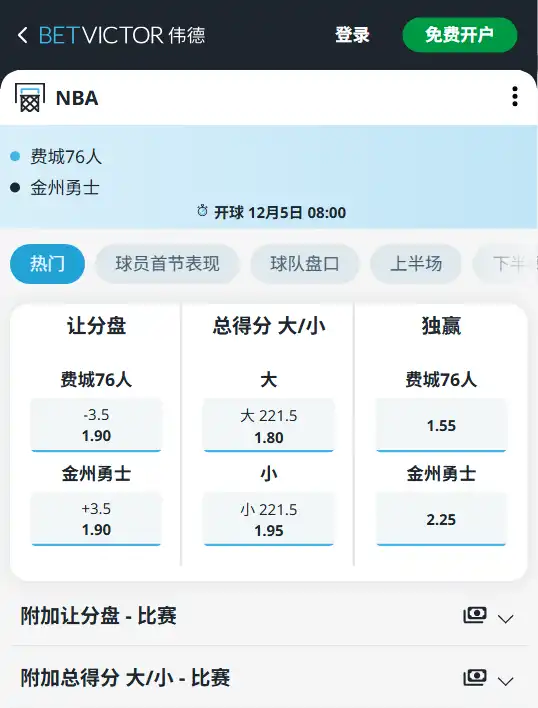 勇士vs76人-NBA博彩赔率和盘口信息-伟德(betvictor)提供
