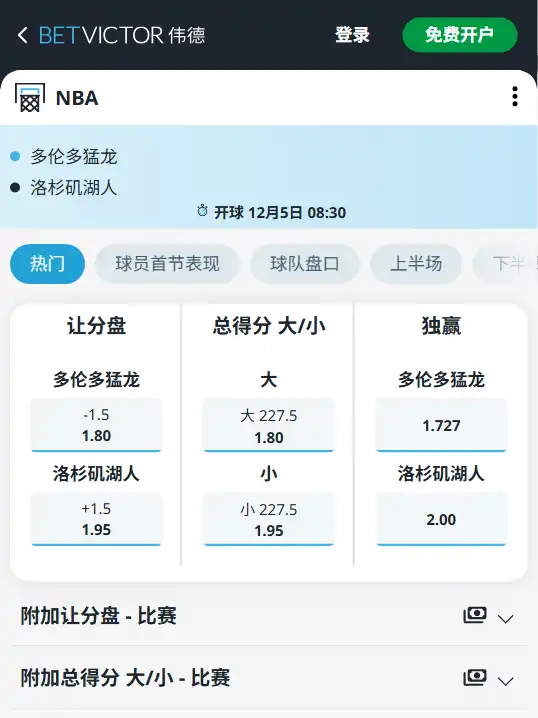 湖人vs猛龙 -NBA博彩赔率和盘口信息-伟德(betvictor)提供