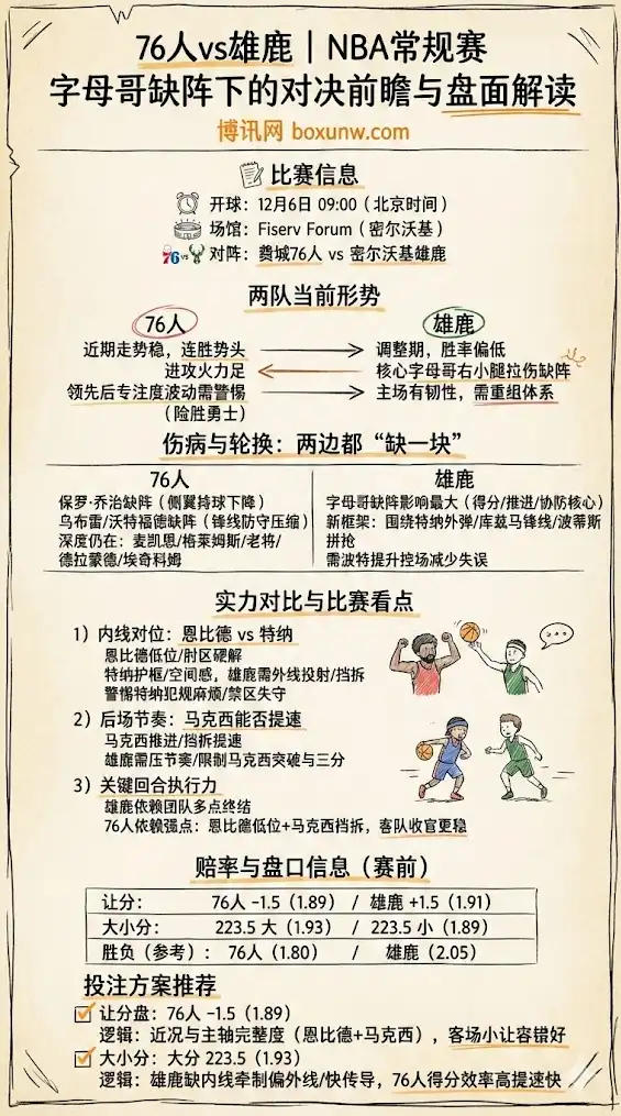 76人vs雄鹿 | NBA常规赛 | 字母哥缺阵下的对决前瞻与盘面解读