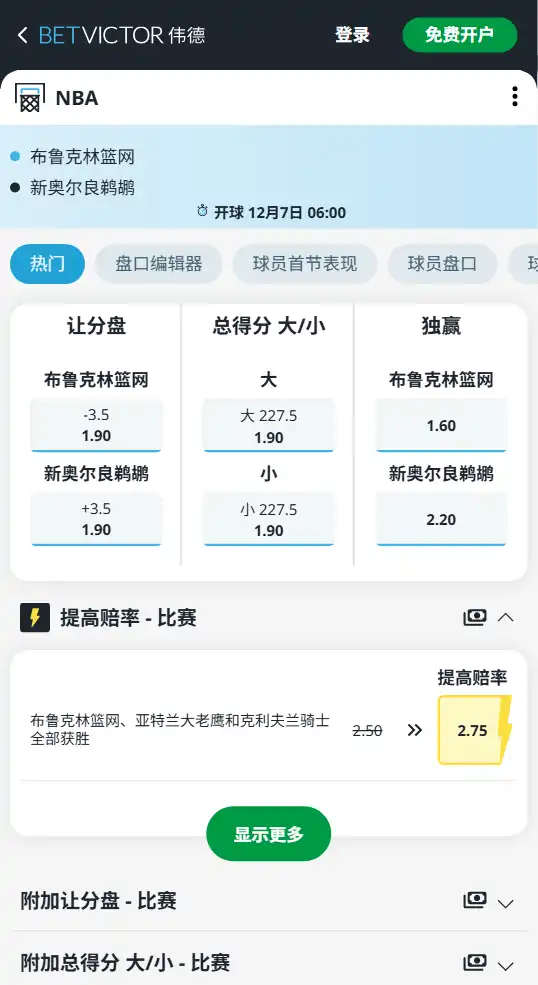 鹈鹕vs篮网-NBA博彩赔率和盘口信息-伟德(betvictor)提供
