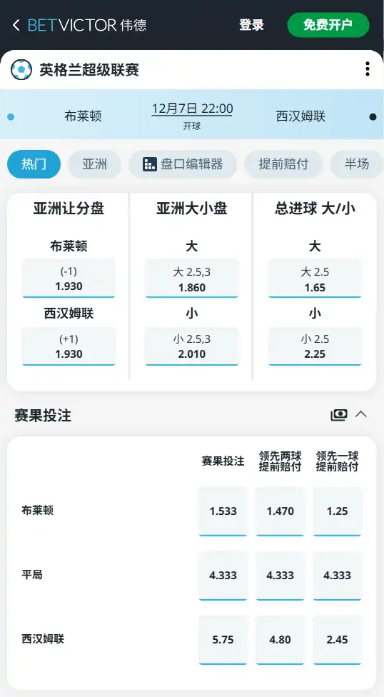 布莱顿 vs 西汉姆联-英超博彩赔率和盘口信息-伟德(betvictor)提供