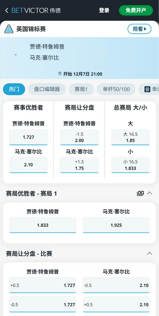 特鲁姆普vs塞尔比-斯洛克英锦赛决赛-博彩赔率和盘口信息-伟德(betvictor)提供