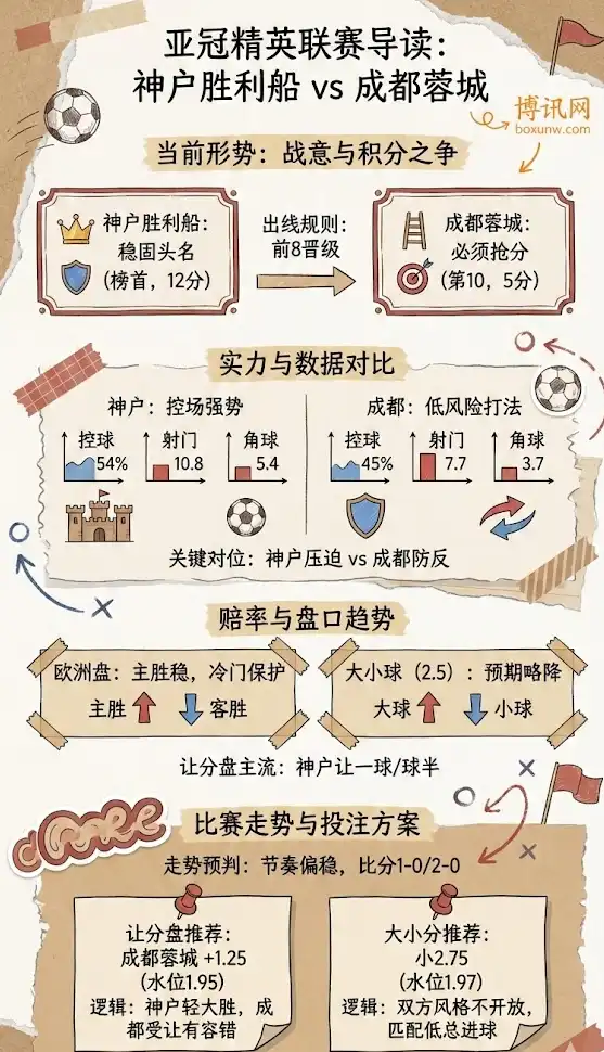 亚冠精英赛-神户胜利船vs成都蓉城-博彩预测，赔率分析，投注指南