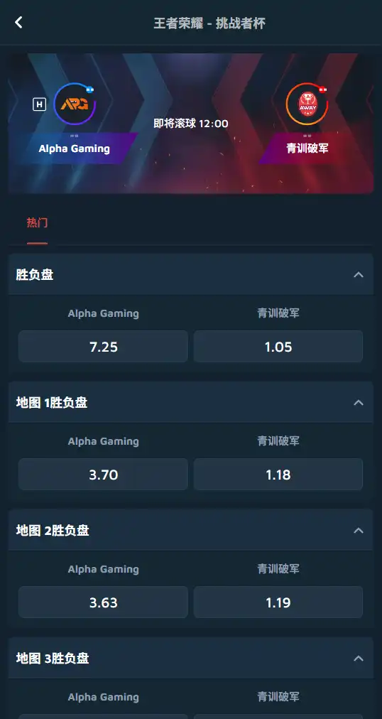 王者荣耀-挑战者杯 APG vs 青训破军-率和盘口信息-Dafabet提供
