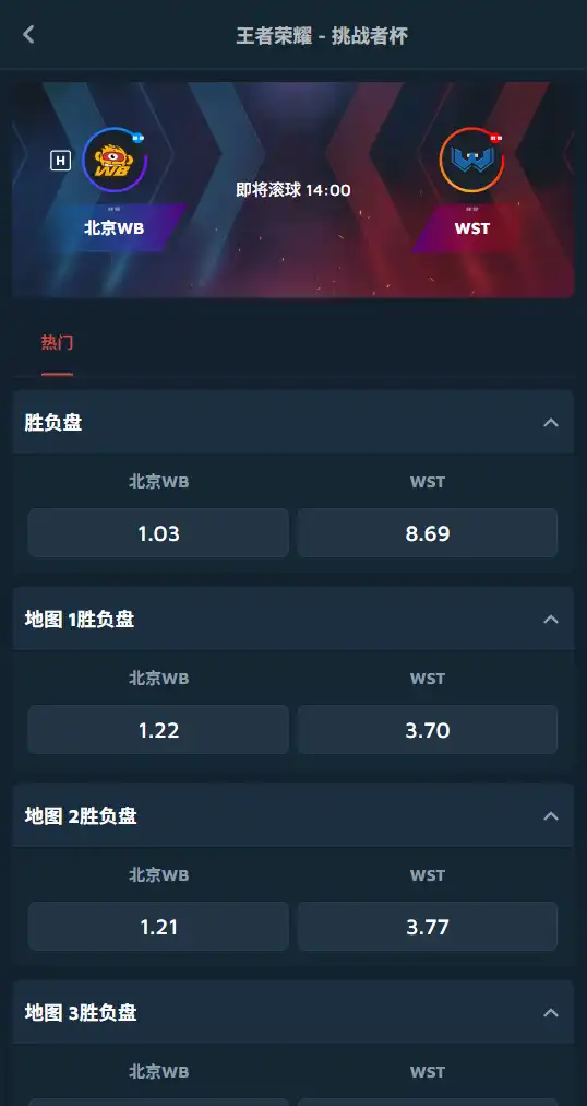 王者荣耀 - 挑战者杯 WB vs WST - 赔率和盘口信息-Dafabet提供