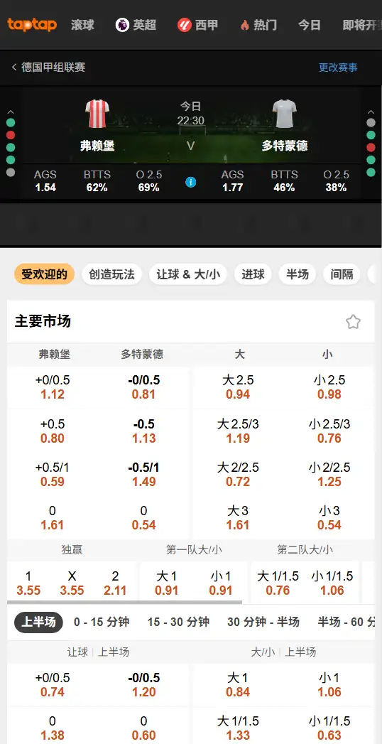 弗莱堡vs多特蒙德，德甲赔率和盘口信息-188bet(taptap)提供