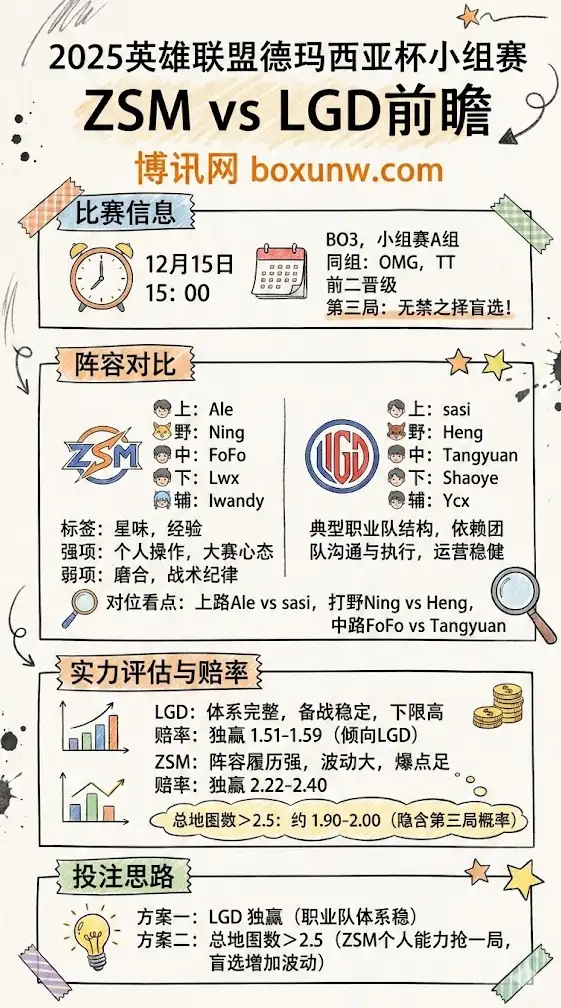 ZSM vs LGD | 2025英雄联盟德玛西亚杯小组赛 | 前瞻、赔率与两套不冲突投注思路
