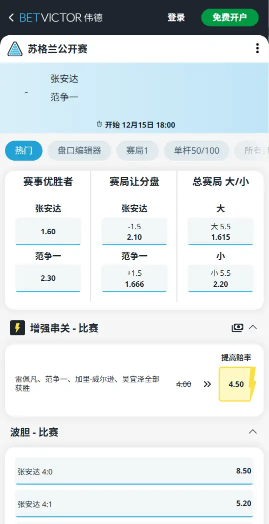 张安达vs范争一，斯洛克苏格兰公开赛赔率和盘口信息-188bet(taptap)提供