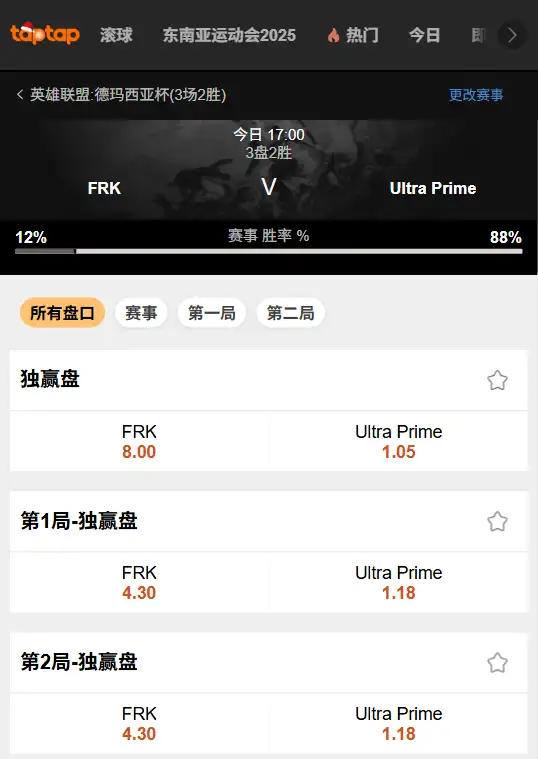 2025德玛西亚杯FRK vs UP 英雄联盟赔率盘口信息188bet(taptap)提供