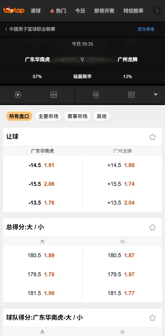 广东东阳光 vs 广州朗肽海本-CBA博彩赔率和盘口信息-188bet(TapTap)提供