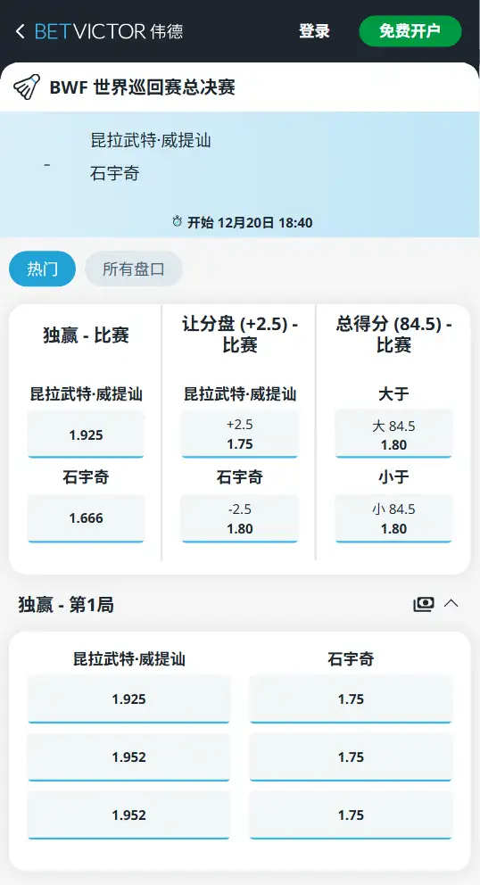 威提讪vs石宇奇-BWF世界巡回赛总决赛赔率和盘口信息-伟德(betvictor)提供