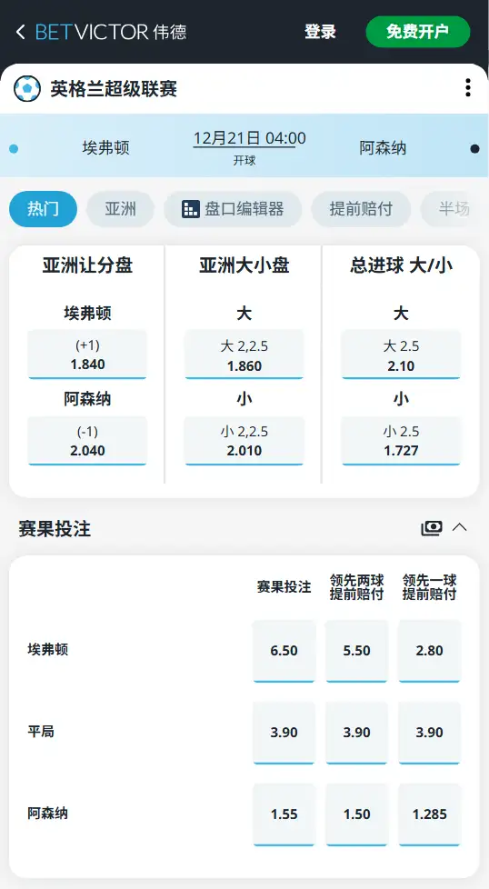 埃弗顿vs阿森纳，英超赔率和盘口信息-188bet(taptap)提供