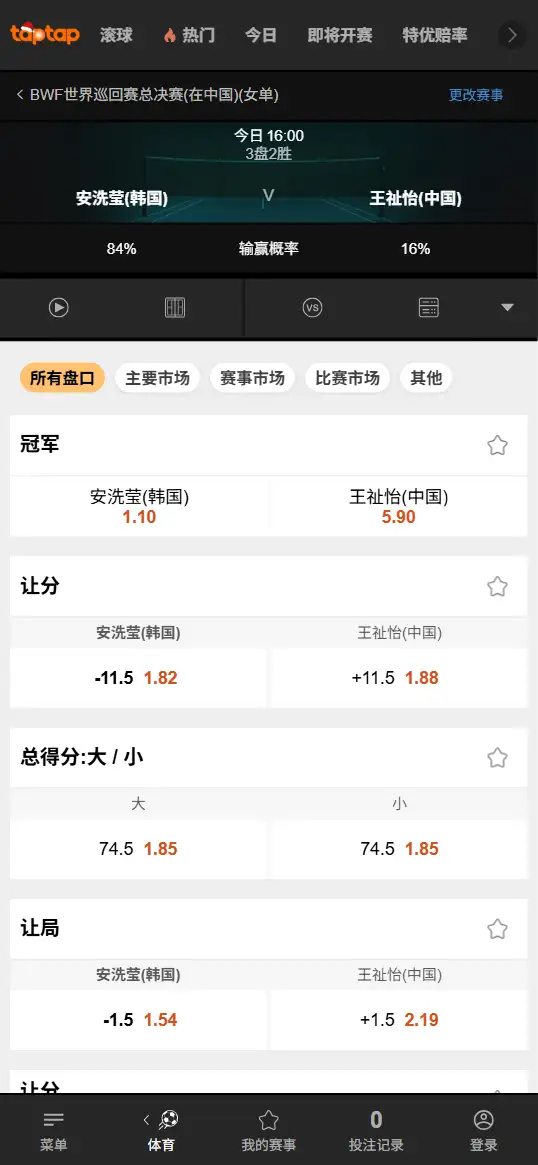 BWF世界巡回赛总决赛 女子单打 安洗莹 vs 王祉怡 - 赔率和盘口信息-188bet(TapTap)提供