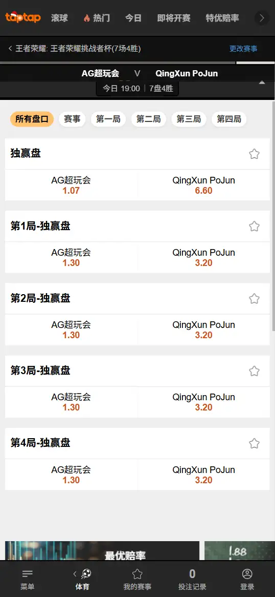 AG vs 青训破军 - 王者荣耀挑战者杯 - 赔率盘口信息188bet(TapTap)提供