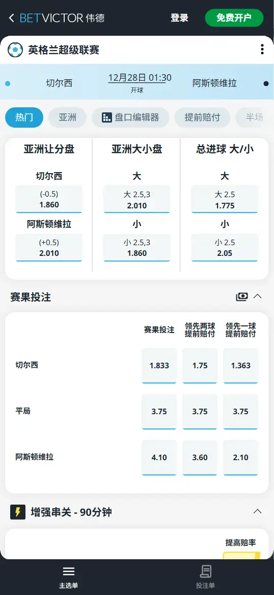 切尔西vs阿斯顿维拉，英超赔率和盘口信息-188bet(taptap)提供