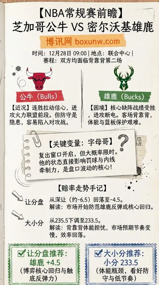 芝加哥公牛 vs 密尔沃基雄鹿 | NBA常规赛 | 前瞻解析与赔率走势+投注方案