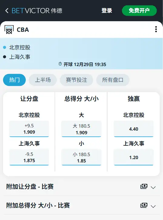 北控vs上海-CBA博彩赔率和盘口信息-伟德(betvictor)提供