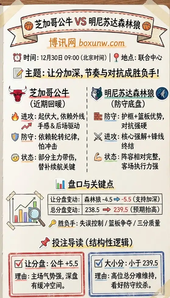 芝加哥公牛vs明尼苏达森林狼前瞻：让分加深，节奏与对抗成胜负手