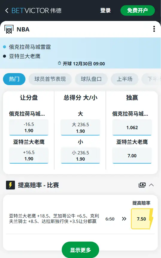 雷霆vs老鹰-NBA博彩赔率和盘口信息-伟德(betvictor)提供