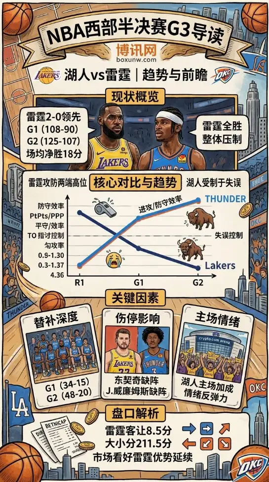 湖人 vs 雷霆 | NBA西部半决赛G3 | 即时盘口 | 前瞻分析与方向参考