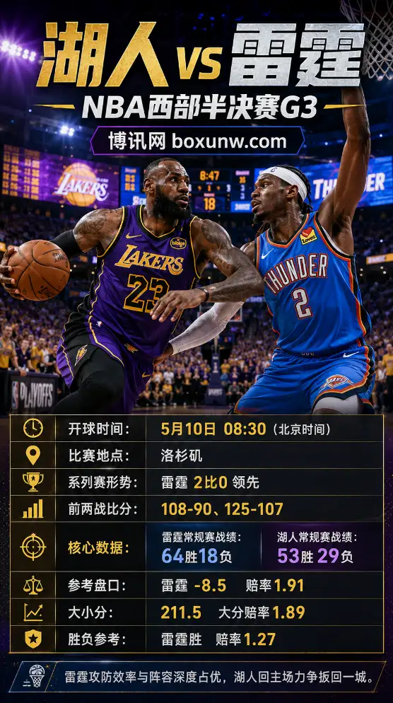 季后赛6战全胜！雷霆全方位压制湖人，G3客战开出让8.5分，主队还有几成胜算？