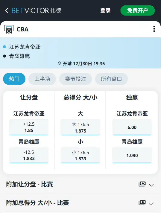 江苏vs青岛-CBA博彩赔率和盘口信息-伟德(betvictor)提供