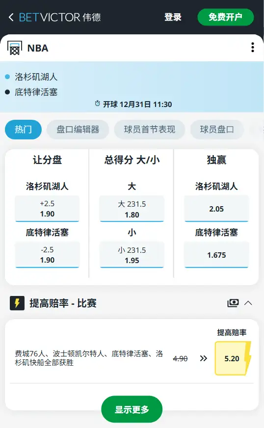 湖人vs活塞-NBA博彩赔率和盘口信息-伟德(betvictor)提供