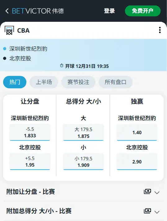 深圳vs北控-CBA博彩赔率和盘口信息-伟德(betvictor)提供