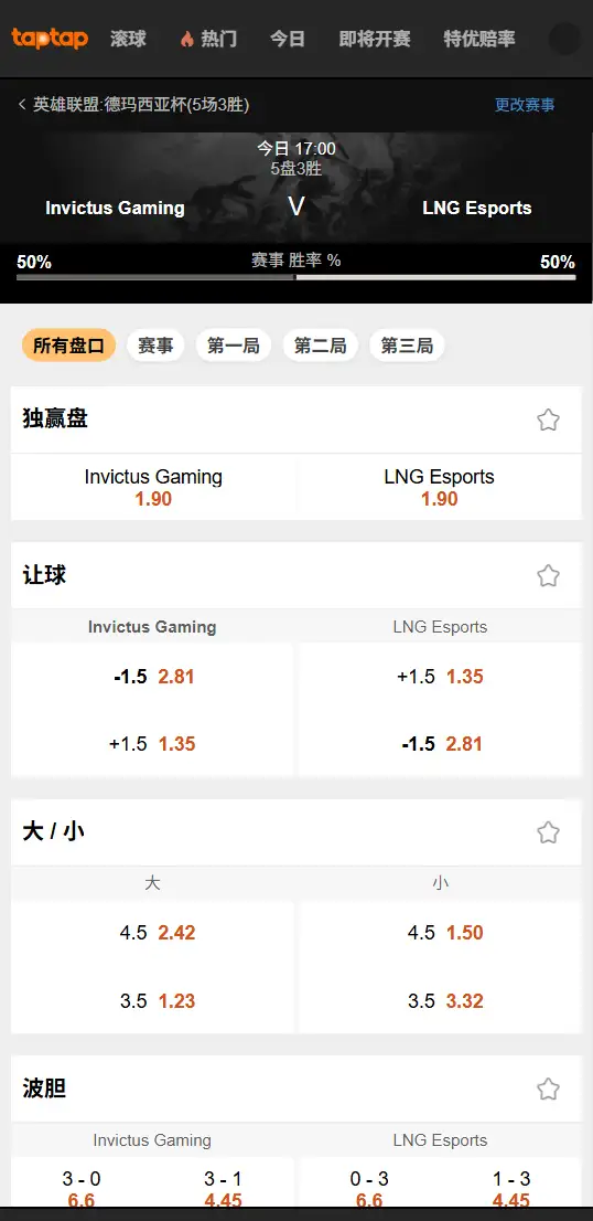 2025德玛西亚杯IG vs LNG 英雄联盟赔率盘口信息 - 188bet(TapTap)提供