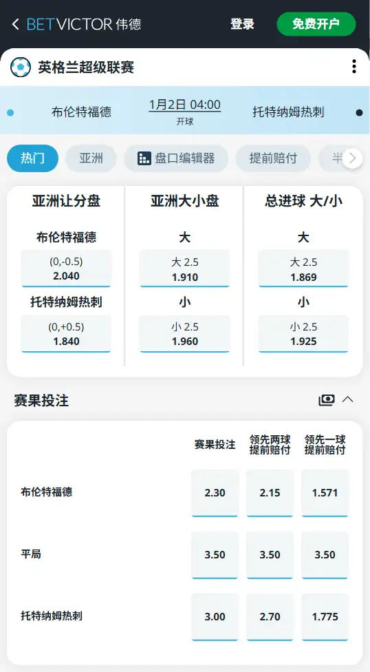 布伦特福德vs热刺，英超赔率和盘口信息-188bet(taptap)提供