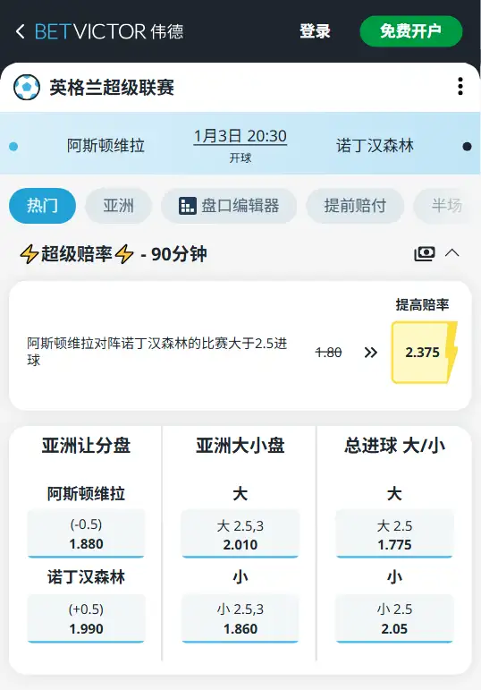 阿斯顿维拉vs诺丁汉森林，英超赔率和盘口信息-188bet(taptap)提供
