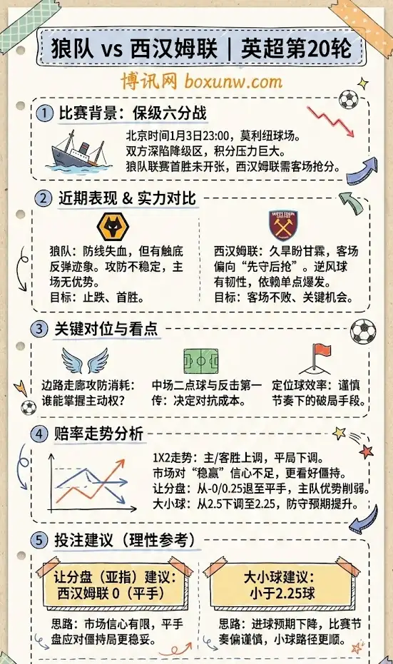 狼队 vs 西汉姆联 | 英超第20轮 | 赛前前瞻、赔率走势与投注建议