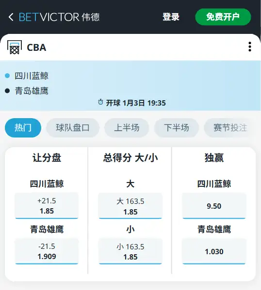 四川vs青岛-CBA博彩赔率和盘口信息-伟德(betvictor)提供