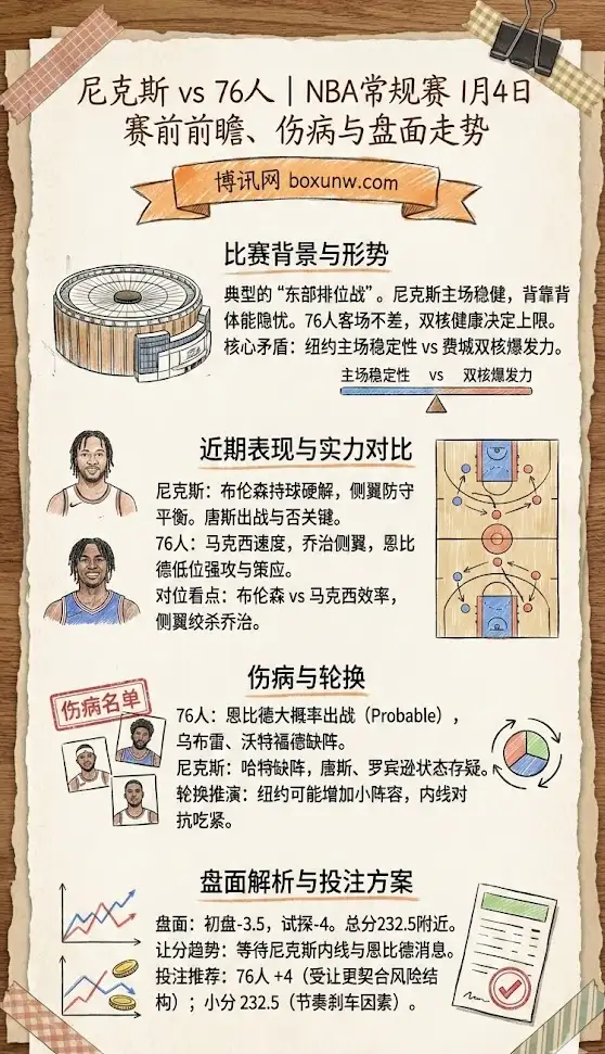 尼克斯 vs 76人 | NBA常规赛 1月4日 | 赛前前瞻、伤病与盘面走势