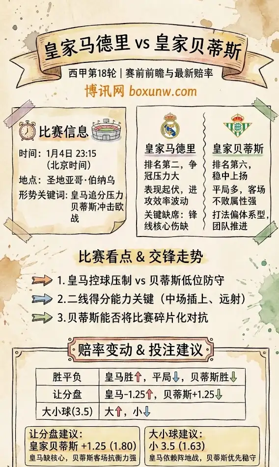 皇家马德里vs皇家贝蒂斯 | 西甲第18轮 | 赛前前瞻与最新赔率
