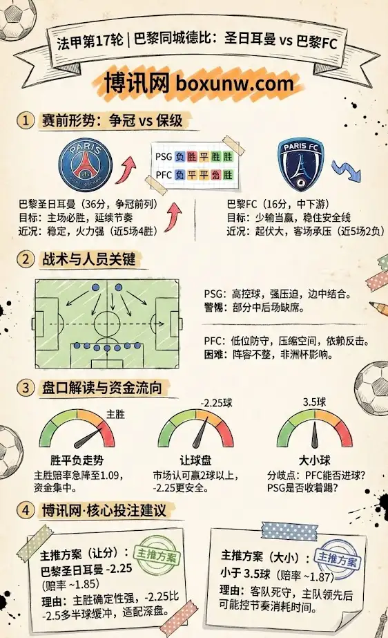 巴黎圣日耳曼 vs 巴黎FC | 法甲第17轮 | 赛前形势与盘口解读