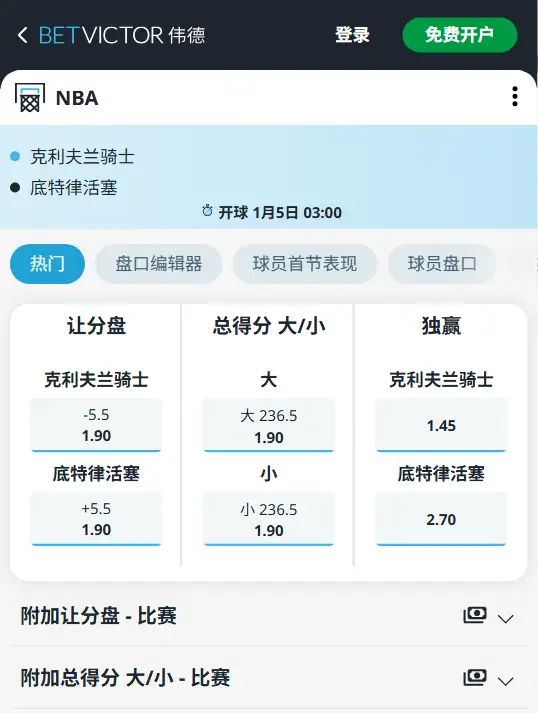 骑士vs活塞-NBA博彩赔率和盘口信息-伟德(betvictor)提供