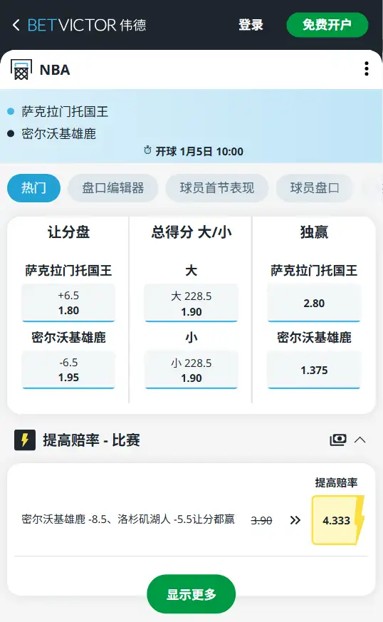 国王vs雄鹿-NBA博彩赔率和盘口信息-伟德(betvictor)提供