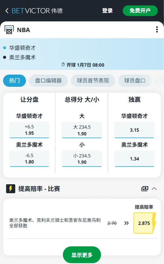 奇才vs魔术-NBA博彩赔率和盘口信息-伟德(betvictor)提供