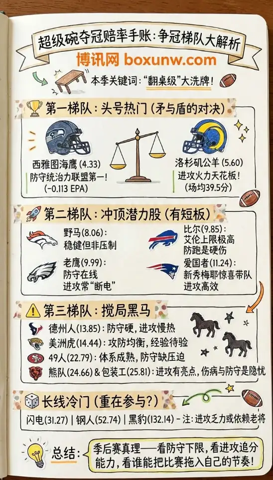 超级碗夺冠赔率 | 2025超级碗争冠形势报告：海鹰公羊领衔第一梯队，黑马在后