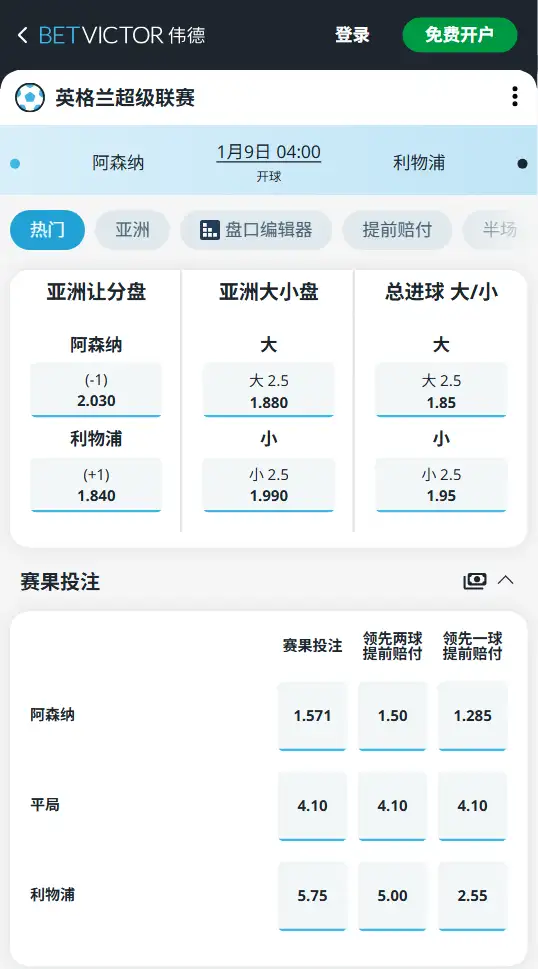 阿森纳vs利物浦,英超赔率和盘口信息-188bet(taptap)提供