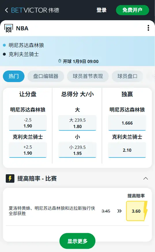 森林狼vs骑士-NBA博彩赔率和盘口信息-伟德(betvictor)提供