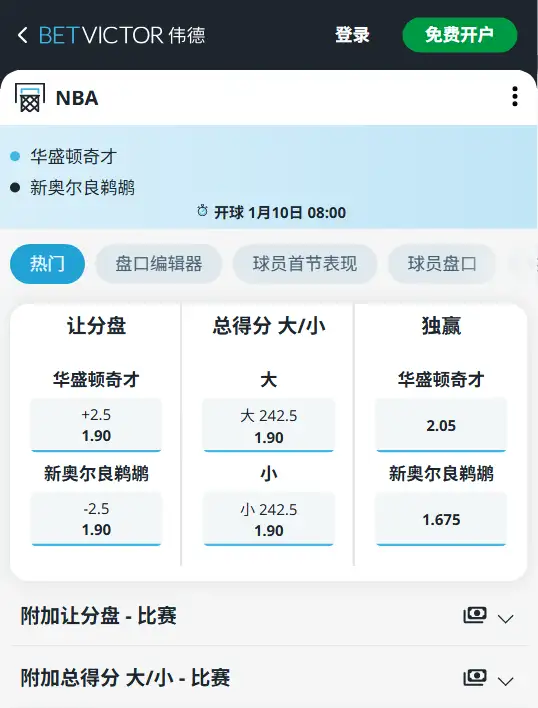 奇才vs鹈鹕-NBA博彩赔率和盘口信息-伟德(betvictor)提供